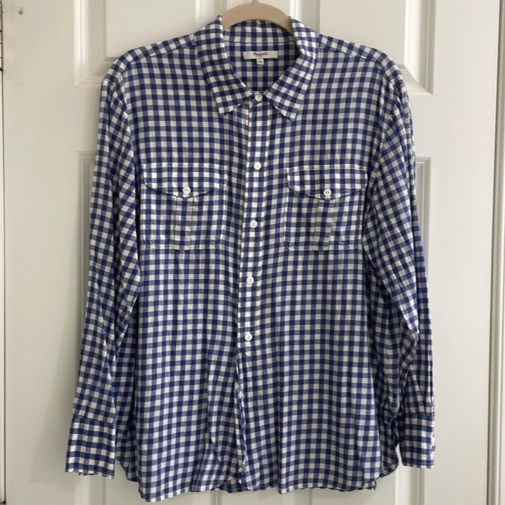 Blue and white check all cotton button down shirt